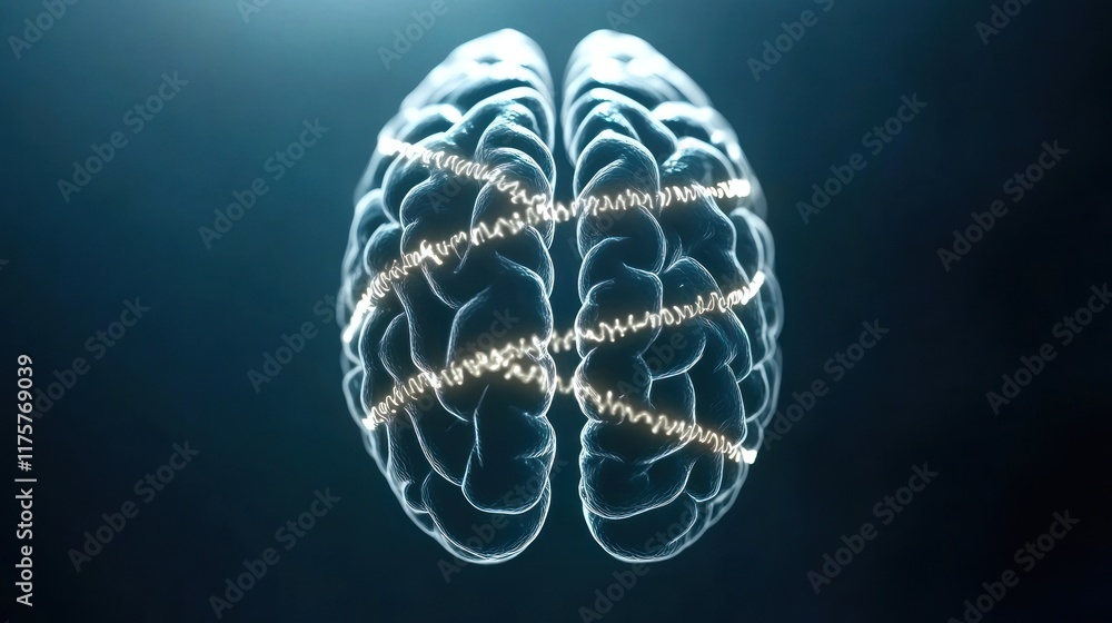Poster a stylized brain with wave patterns, symbolizing thought and cognition.
