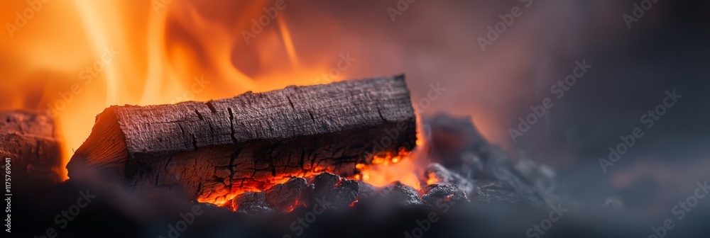 Poster close up view of a burning wood log in a fireplace, radiating a warm glow and creating a cozy atmosp
