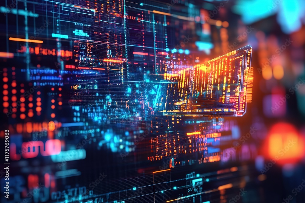 Poster abstract digital data stream visualization. bright, colorful code flows across the screen.