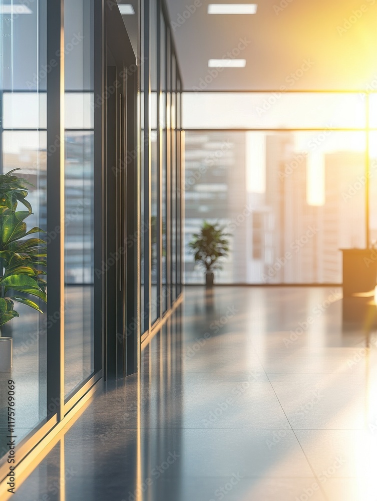 Poster modern business office setting environment blurred background with sunlight reflection on window gla