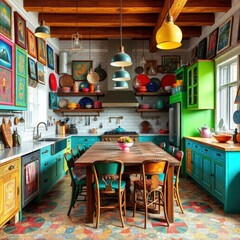 Kitchen interior design. Eclectic style kitchen interior design. Architecture interior. Eclectic interior. Eclectic style.