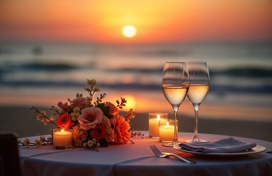 Romantic dinner on beach at sunset. Couple enjoys drinks on table with flowers. Candlelight ambiance. Luxury setting. Perfect for honeymoon romantic date. Evening atmosphere at tropical shore.