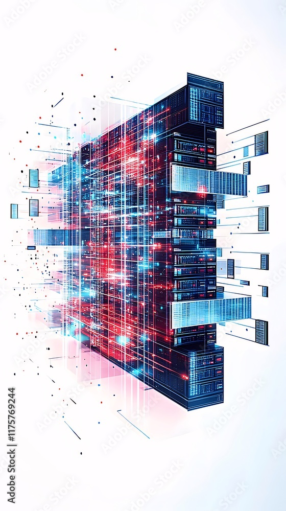 Poster abstract digital data cube, glowing circuits, network.