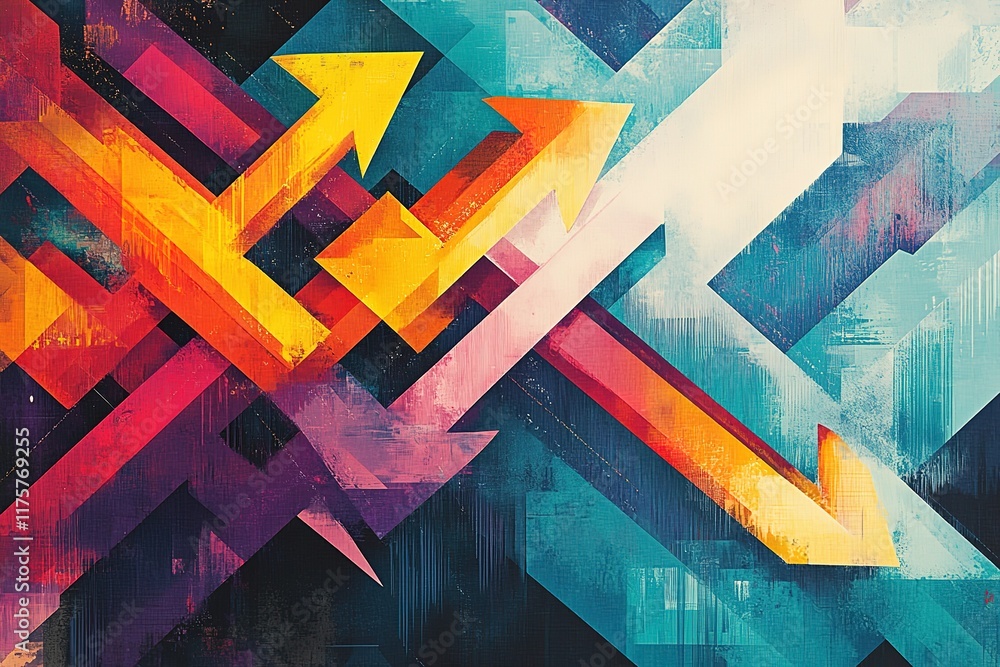 Poster abstract art with intersecting arrows in vibrant colors.