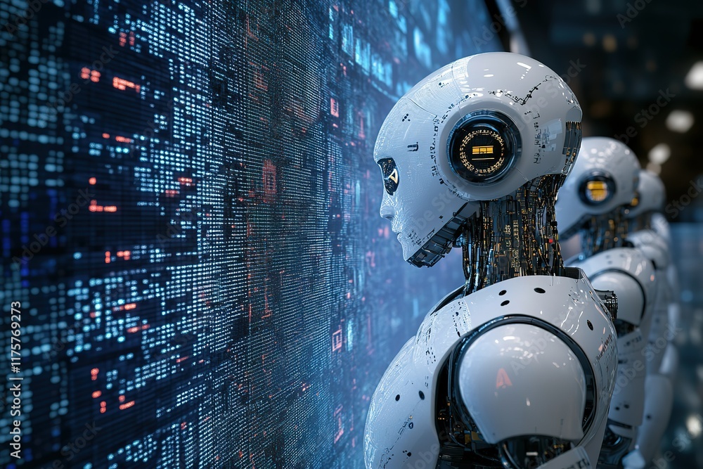 Poster robots analyzing data on a large screen.