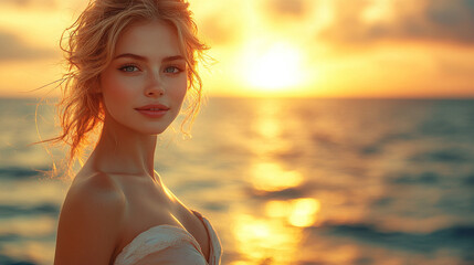 A stunning, elegant woman with a radiant smile basks in the warm glow of a setting sun, savoring the opulence of a luxurious yacht cruise gliding through azure waters with caption space on the side
