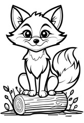 Obraz premium Curious Fox Sitting on Log Line Drawing for Coloring Book Pages