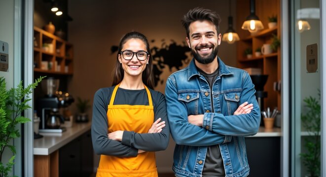 Two happy young diverse entrepreneurs stand together in front of small cafe. Wear casual clothes, aprons. Woman wears glasses. Smiling, look directly at camera with arms crossed. Small business