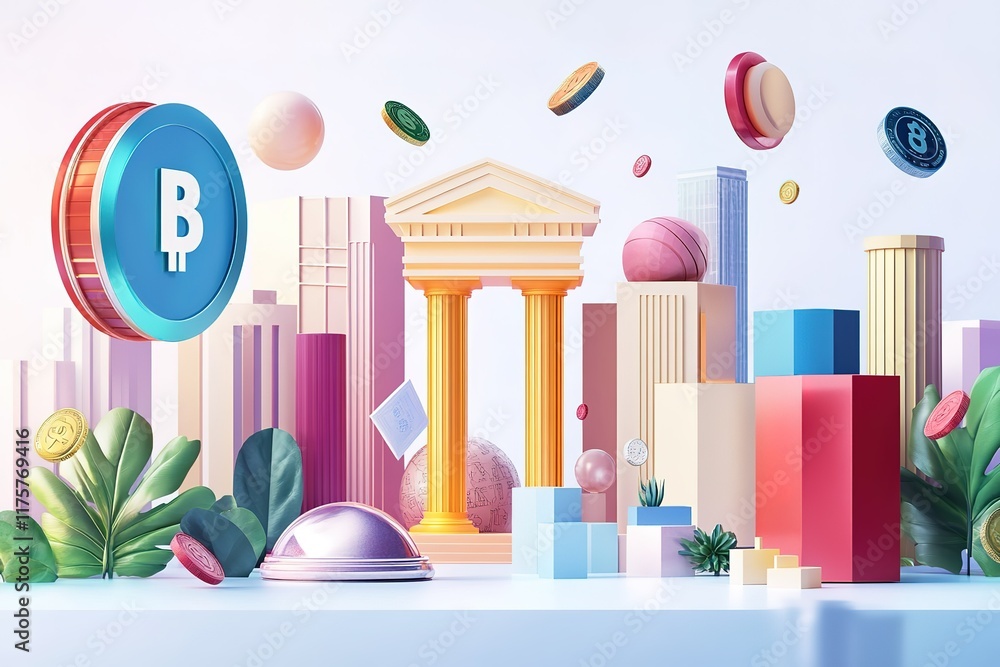 Poster abstract cityscape with cryptocurrency elements and classical architecture.