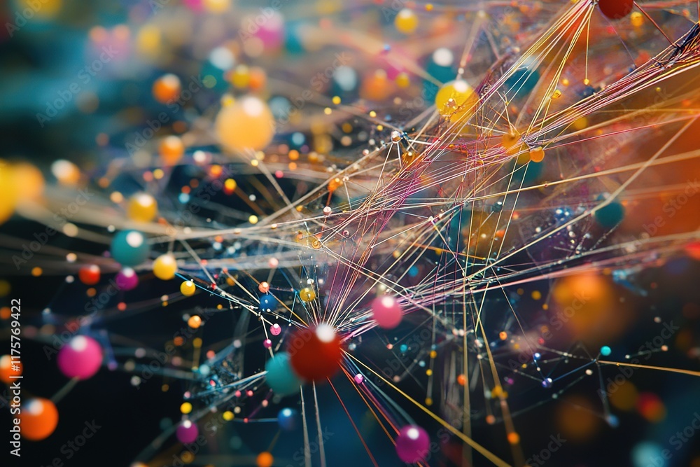 Poster abstract colorful network of interconnected spheres.