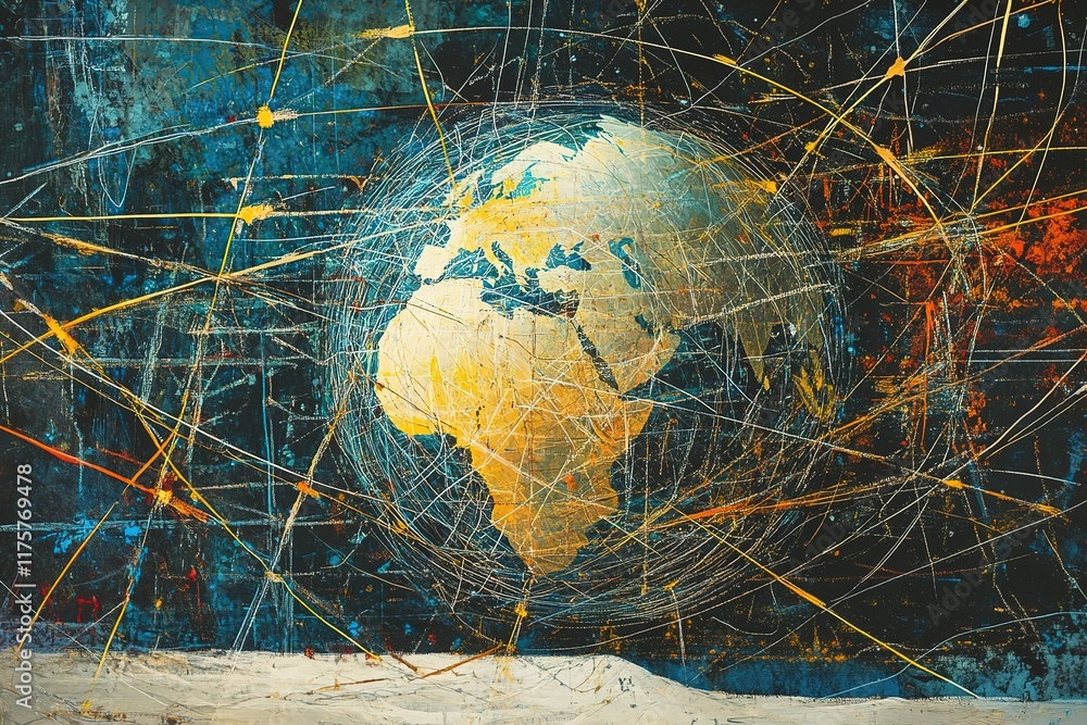 Poster abstract globe artwork with intersecting lines, representing global connection and communication.