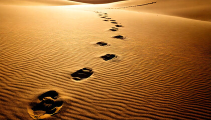 Stunning high-angle shot of footprints in a desert dune, bathed in warm, golden sunlight.  The textured sand and receding trail evoke themes of journey, exploration, and solitude.