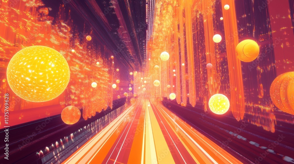 Poster vibrant abstract digital art of light trails and floating orbs in a futuristic cityscape with intens