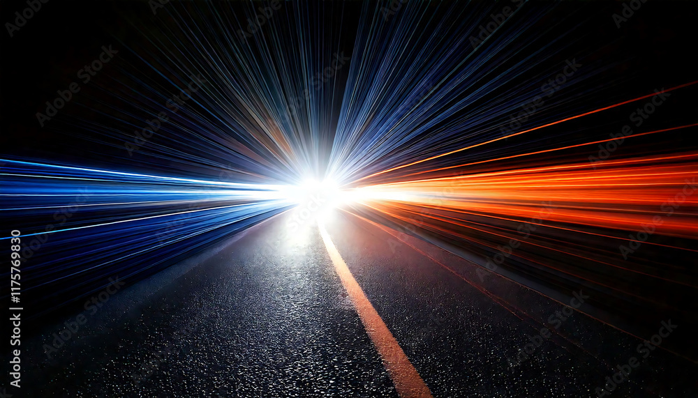 Poster dynamic abstract image of a road at night with vibrant light trails converging towards a bright poin