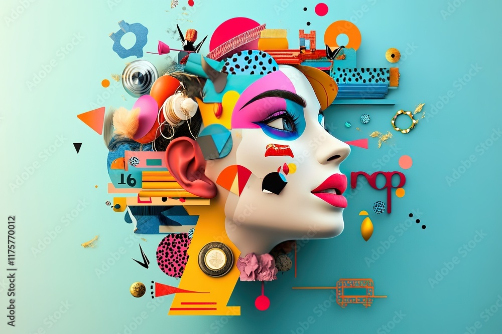 Poster abstract colorful portrait with geometric shapes and objects.