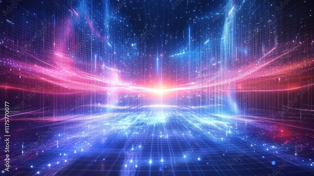 Poster Abstract digital landscape with vibrant light rays radiating from the center, surrounded by intricate patterns and sparkling particles, creating a futuristic atmosphere.