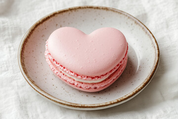 Pink macaron in the shape of heart on plate.