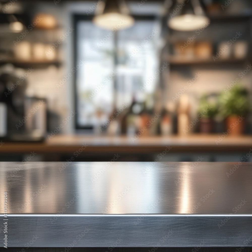 Poster steel table top with blurred empty kitchen background can be used for mocking up or display product 