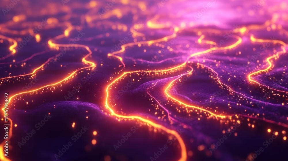 Poster abstract glowing lines in a vibrant purple and orange environment creating mesmerizing fluid pattern