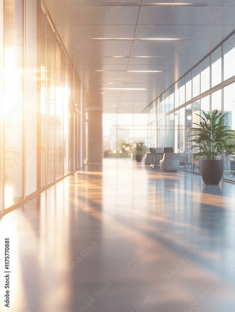 Poster a blurred view of an empty modern office space with large windows and a bright ambiance extending se