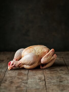 Whole raw chicken on a wooden table.