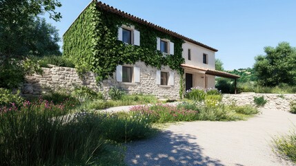 Obraz premium A charming house surrounded by lush greenery and flowers.