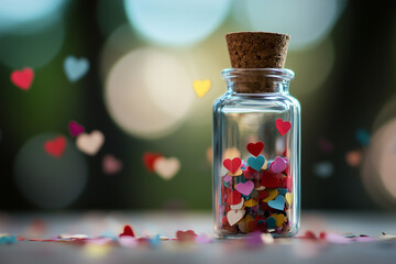 A small glass bottle filled with heart-shaped paper. Happy Valentine's Day.