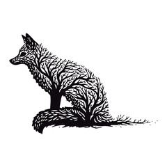 Cute silhouette fox branches black vector illustration
