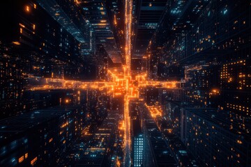 Fototapeta premium Bright city lights illuminate a vibrant urban landscape at night with a high-tech, futuristic vibe