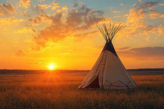 Sunset over a traditional teepee in a grassy field with a beautiful sky