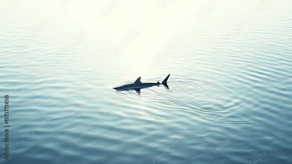 Aufkleber lone shark fin disrupts the tranquil water, creating gentle ripples as rain droplets scatter across 