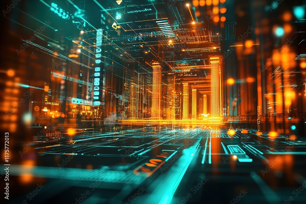 Poster futuristic digital cityscape with glowing columns and pathways.