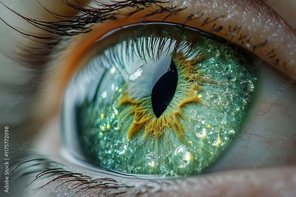 Poster exploring the intricate details of a colorful human iris with striking patterns and textures