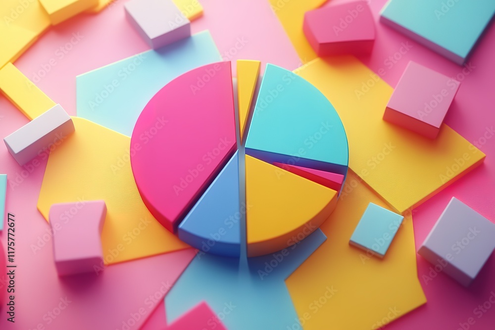 Poster colorful 3d pie chart on geometric background. data visualization concept.