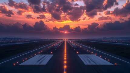 Dramatic sunset over illuminated airport runway with cloudy sky