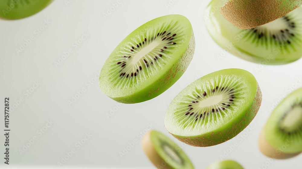 Poster slices of kiwi fruit levitating against a minimalist white backdrop, showcasing a vibrant and refres