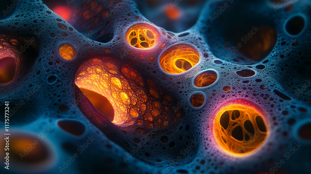 Poster abstract technology background blends vibrant textures resembling mycelium mold and neurons, creatin