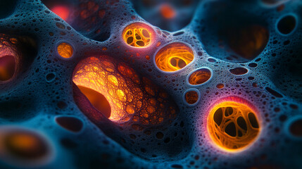 Abstract technology background blends vibrant textures resembling mycelium mold and neurons, creating an intricate and captivating chaos of interconnected patterns, symbolizing innovation and complexi