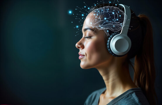 Woman listens to music with headphones. 3D model of brain projected over head. Illustration demonstrates concept of enhancing focus using neurofeedback EEG, mindfulness, meditation for cognitive