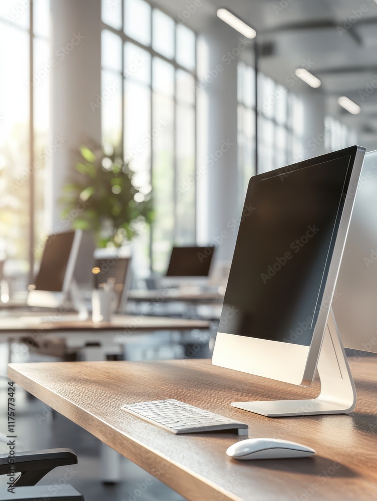 Poster modern corporate workspace with blurred background showcasing desks and computers during daylight