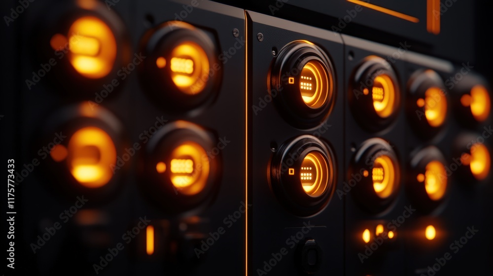 Poster close-up of modern electronic control panel with illuminated orange indicator lights displaying tech