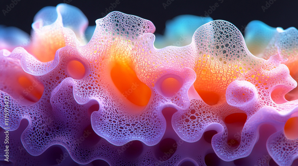 Poster abstract technology background blends vibrant textures resembling mycelium mold and neurons, creatin