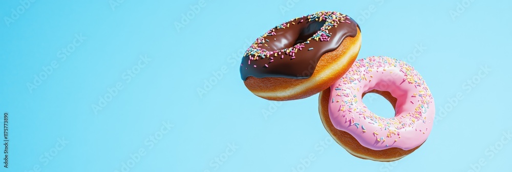 Poster two delicious donuts with chocolate and pink frosting are levitating on a minimal light blue backgro