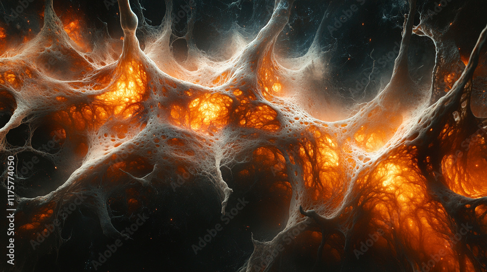 Poster abstract technology background blends vibrant textures resembling mycelium mold and neurons, creatin