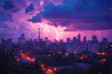 Obraz premium Vibrant stormy sky over Toronto skyline illuminated by lightning at dusk