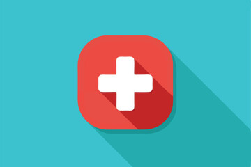 Obraz premium A contemporary healthcare app icon shows a red square with a white cross, set against a teal backdrop, Contemporary representation of a healthcare app icon with a medical cross