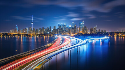 Fototapeta premium Vibrant City Skyline at Night with Illuminated Highway Bridge