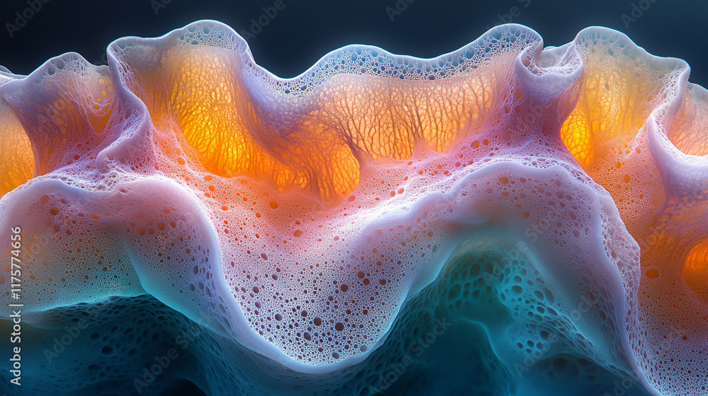 Poster abstract technology background blends vibrant textures resembling mycelium mold and neurons, creatin