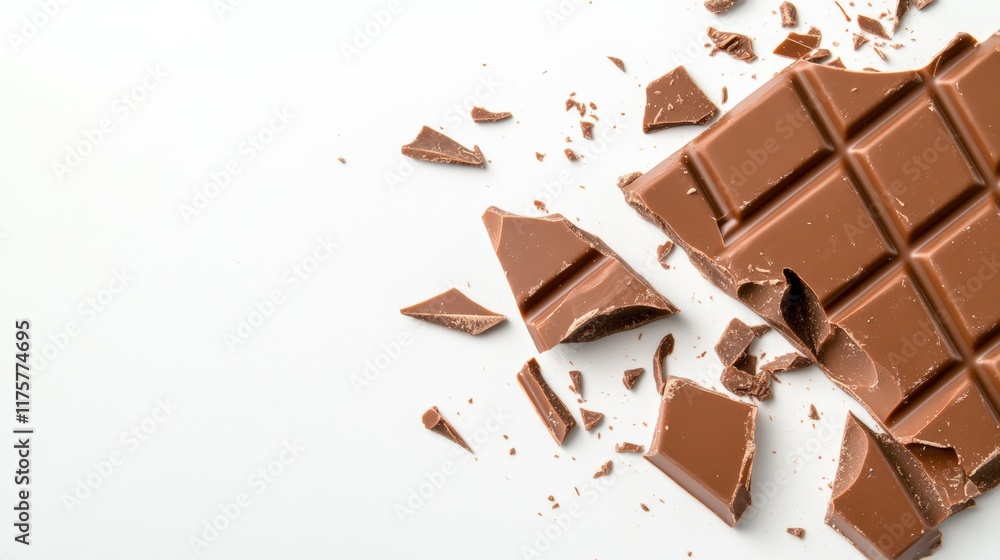 Poster pieces of a milk chocolate bar are breaking apart from the main bar, creating crumbs and smaller pie