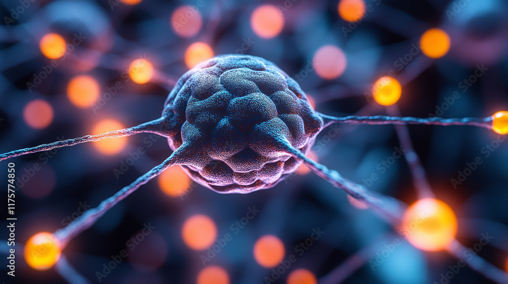 Poster abstract technology background blends vibrant textures resembling mycelium mold and neurons, creatin